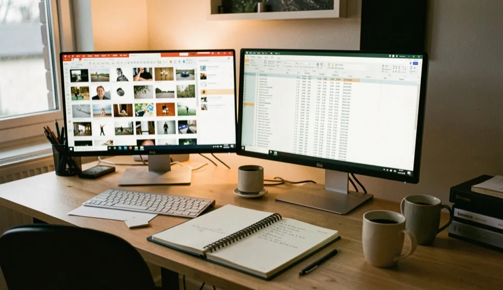 A developer's desk in a quiet studio with two monitors showing a grid of thumbnails and a long spreadsheet, a notebook and a coffee cup, warm evening lamp light